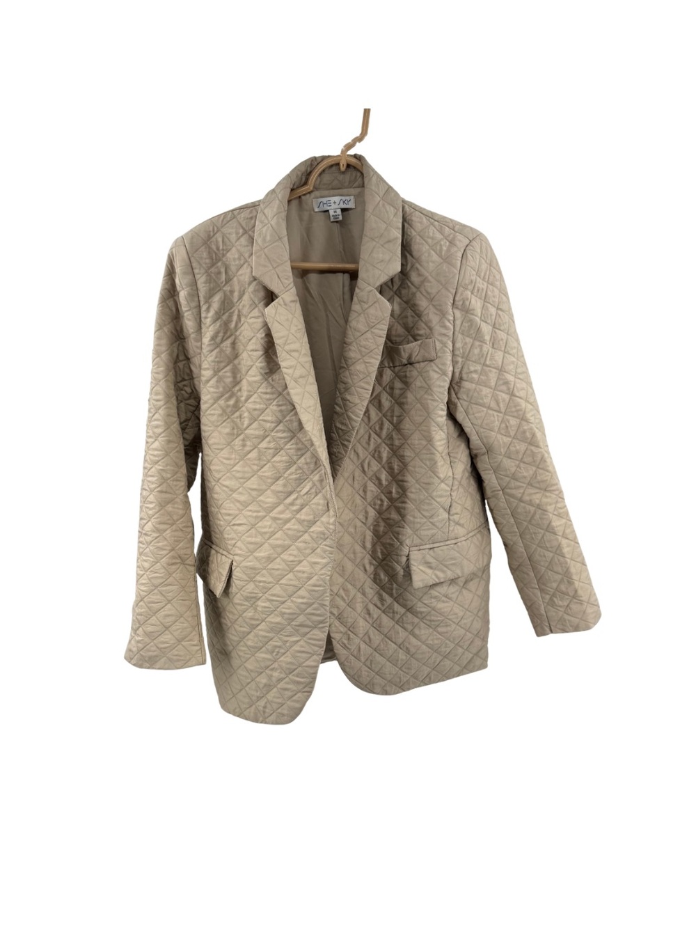 She + Sky Quilted Diamond-Pattern open front blazer Jacket Beige Taupe M neutral